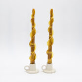 Pair of natural bronze plaid beeswax taper double flair candles