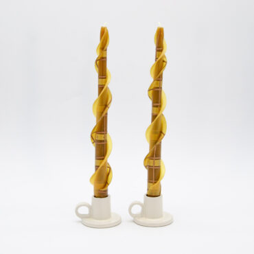 Pair of natural bronze plaid beeswax taper double flair candles