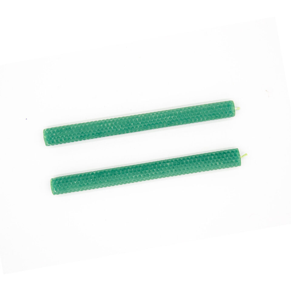 Two green honeycomb tapers in this nice set of natural hand rolled candles.