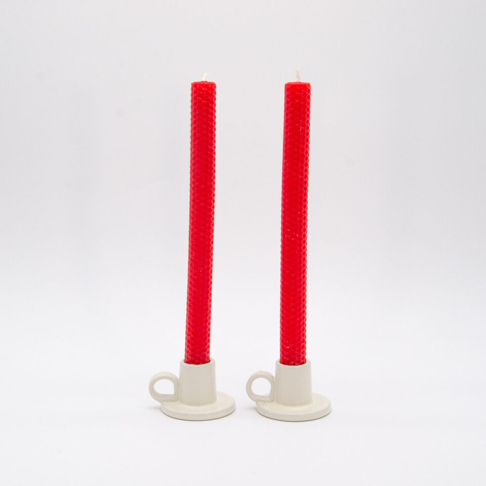 Honeycomb beeswax tapers in red, eco-friendly and smokeless