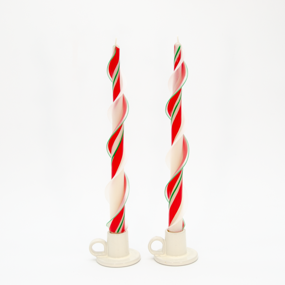 Fun candy cane design in these beeswax candy cane double flair candles