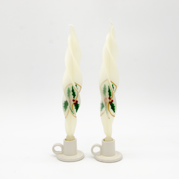 Holiday Holly design on these beeswax flame candles that burn in a stunning pattern.