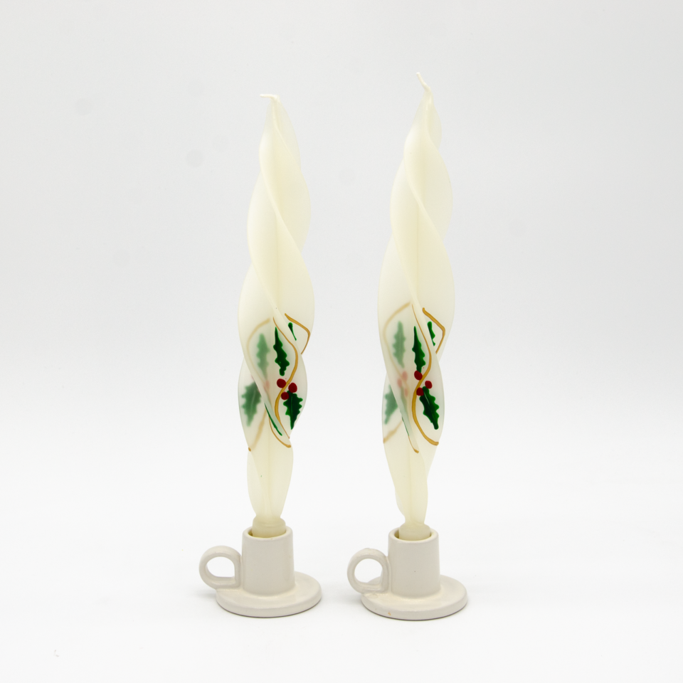 Holiday Holly design on these beeswax flame candles that burn in a stunning pattern.