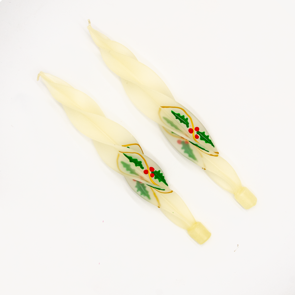 Enjoy the holidays with these hand rolled and hand painted holly beeswax flame candles